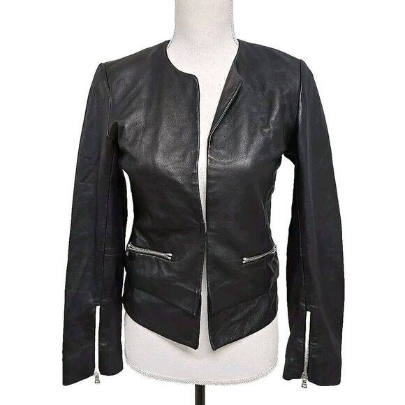SANDRO PARIS Moto Jacket Lamb Leather Black Women’s Size 1 /US Size 4 SMALL - Picture 1 of 12